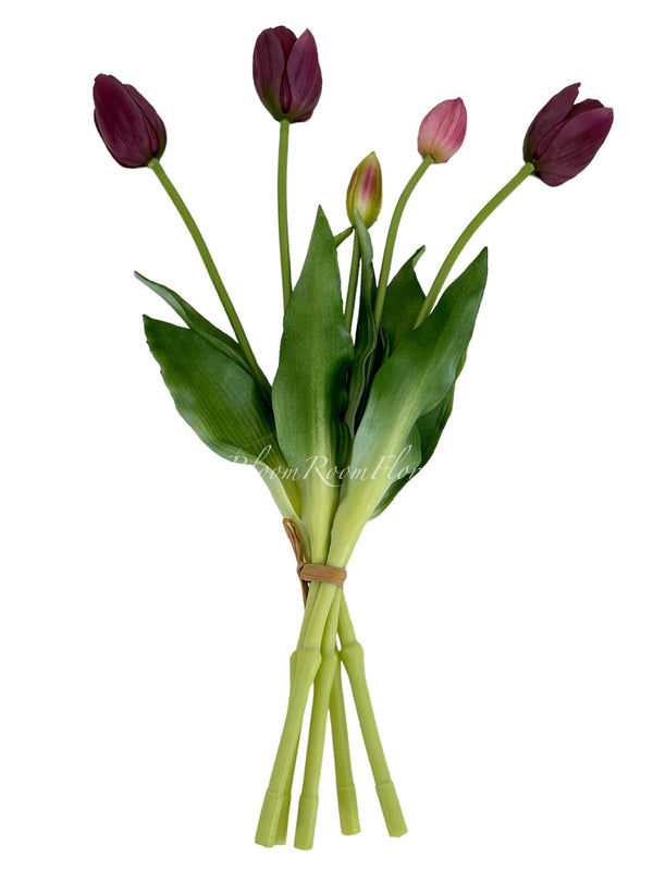 5 Stem Wine Burgundy Real Touch Tulips Artificial Flower, Realistic Luxury Quality Artificial Kitchen/Wedding/Home Gifts Decor Floral Craft