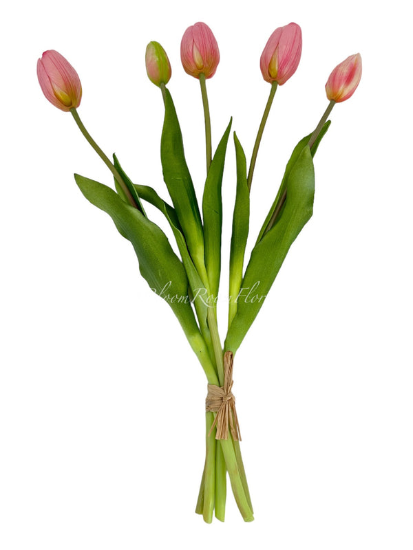 5 Stem Salmon Pink Real Touch Tulips Artificial Flower, Realistic Luxury Quality Artificial Kitchen/Wedding/Home Gifts Decor Floral Craft