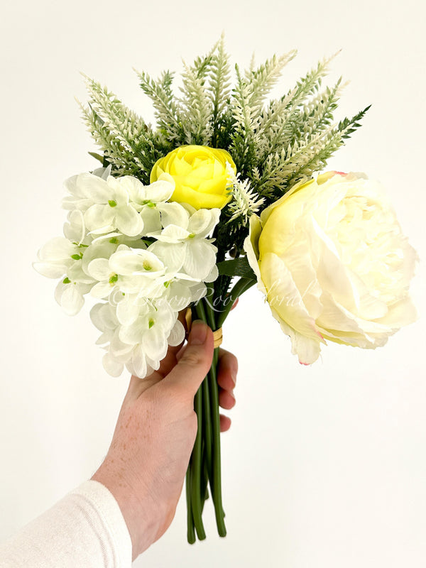 Yellow Ranunculus White Hydrangea Green Berry Bouquet Artificial Flower Wedding/Home Decoration | Decor Floral, Centerpiece, Arrangement