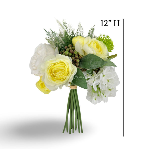 Yellow Ranunculus White Hydrangea Green Berry Bouquet Artificial Flower Wedding/Home Decoration | Decor Floral, Centerpiece, Arrangement