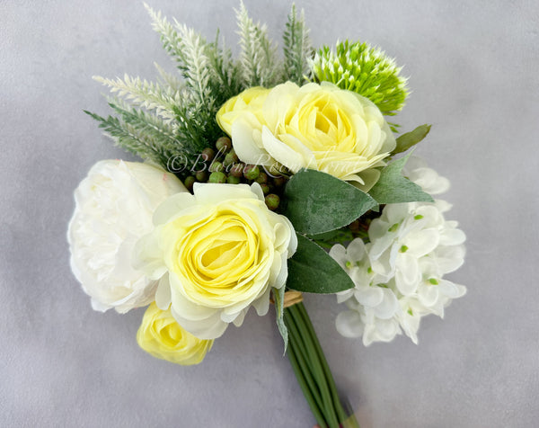 Yellow Ranunculus White Hydrangea Green Berry Bouquet Artificial Flower Wedding/Home Decoration | Decor Floral, Centerpiece, Arrangement