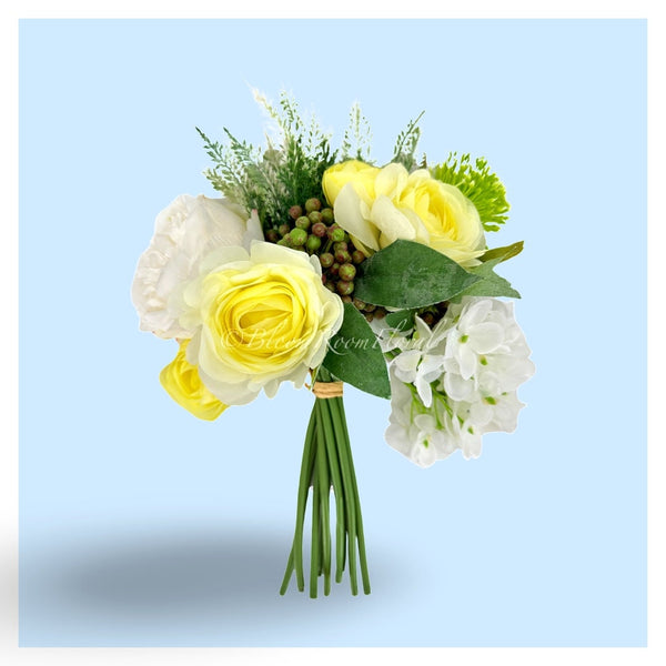 Yellow Ranunculus White Hydrangea Green Berry Bouquet Artificial Flower Wedding/Home Decoration | Decor Floral, Centerpiece, Arrangement