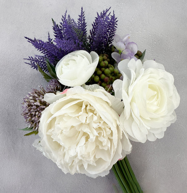 White Ranunculus Purple Hydrangea Green Berry Bouquet Artificial Flower Wedding/Home Decoration | Decor Floral, Centerpiece, Arrangement