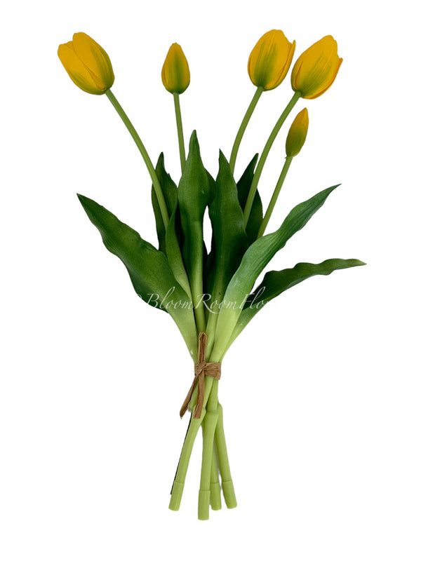 5 Stem Yellow Real Touch Tulips Artificial Flowers, Realistic Luxury Quality Artificial Kitchen/Wedding/Home Gifts Decor Floral Craft DIY