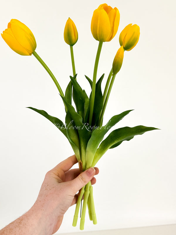 5 Stem Yellow Real Touch Tulips Artificial Flowers, Realistic Luxury Quality Artificial Kitchen/Wedding/Home Gifts Decor Floral Craft DIY