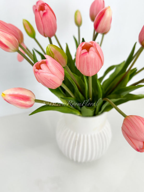 5 Stem Salmon Pink Real Touch Tulips Artificial Flower, Realistic Luxury Quality Artificial Kitchen/Wedding/Home Gifts Decor Floral Craft