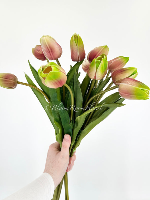 18&quot; Pink/Green Ombre Real Touch Silicone Tulip | Realistic High Quality Artificial Flower | Wedding/Home Decor| Decor | Floral Birthday Gift