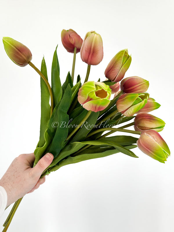 18&quot; Pink/Green Ombre Real Touch Silicone Tulip | Realistic High Quality Artificial Flower | Wedding/Home Decor| Decor | Floral Birthday Gift