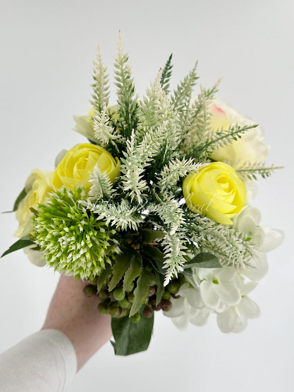 Yellow Ranunculus White Hydrangea Green Berry Bouquet Artificial Flower Wedding/Home Decoration | Decor Floral, Centerpiece, Arrangement