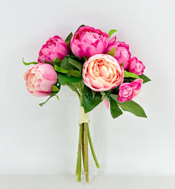 Hot Pink Peonies 8 Stem Bouquet, Artificial Flower, Wedding Bouquet Home Decoration, Gifts, Decor Floral Faux Centerpiece Arrangement P-049