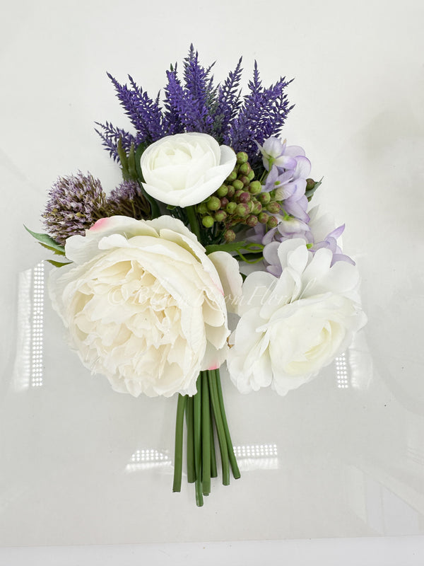 White Ranunculus Purple Hydrangea Green Berry Bouquet Artificial Flower Wedding/Home Decoration | Decor Floral, Centerpiece, Arrangement