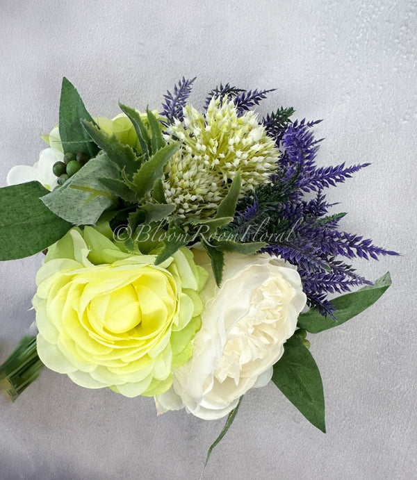 Yellow Ranunculus Purple Lavender White Hydrangea Green Berry Bouquet Artificial Flower Wedding/Home Decoration | Decor Floral, Arrangement