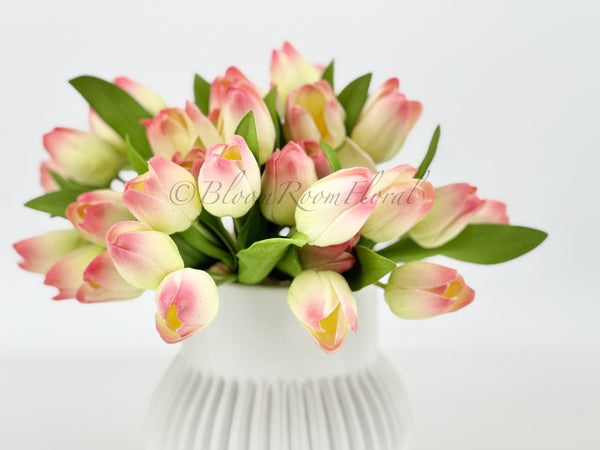 6 Stems Pink/Green Real Touch Tulips 10&quot; Artificial Flower Realistic High-Quality Faux Kitchen/Wedding/Home Gifts Decor Floral Craft T-009