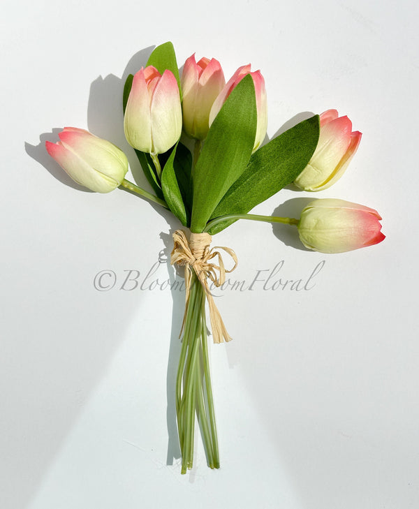 6 Stems Pink/Green Real Touch Tulips 10&quot; Artificial Flower Realistic High-Quality Faux Kitchen/Wedding/Home Gifts Decor Floral Craft T-009