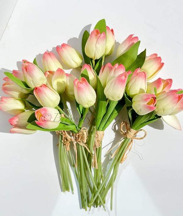 6 Stems Pink/Green Real Touch Tulips 10&quot; Artificial Flower Realistic High-Quality Faux Kitchen/Wedding/Home Gifts Decor Floral Craft T-009