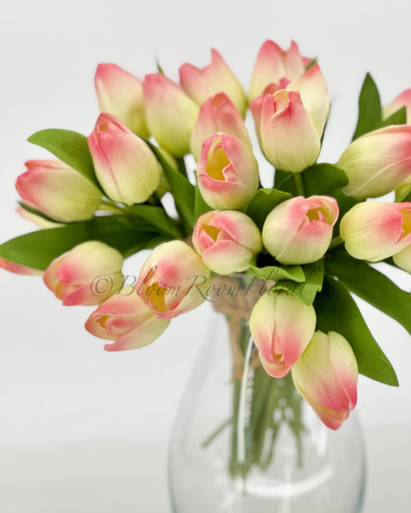 6 Stems Pink/Green Real Touch Tulips 10&quot; Artificial Flower Realistic High-Quality Faux Kitchen/Wedding/Home Gifts Decor Floral Craft T-009