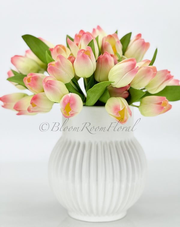 6 Stems Pink/Green Real Touch Tulips 10&quot; Artificial Flower Realistic High-Quality Faux Kitchen/Wedding/Home Gifts Decor Floral Craft T-009