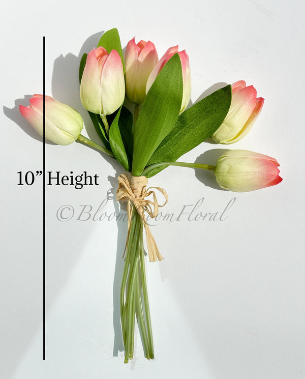 6 Stems Pink/Green Real Touch Tulips 10&quot; Artificial Flower Realistic High-Quality Faux Kitchen/Wedding/Home Gifts Decor Floral Craft T-009