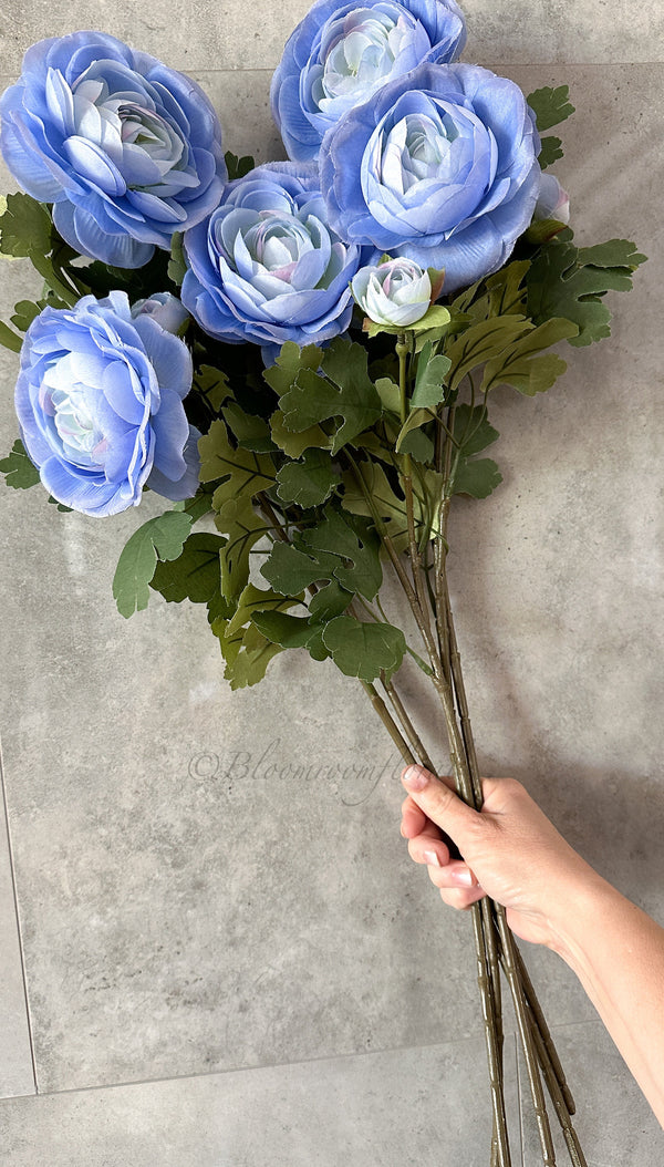 Blue Ranunculus Silk Realistic Artificial Flower Stem | Wedding/Home Decoration Gifts | Decor | Floral, Artificial Flower Craft Supply R-054