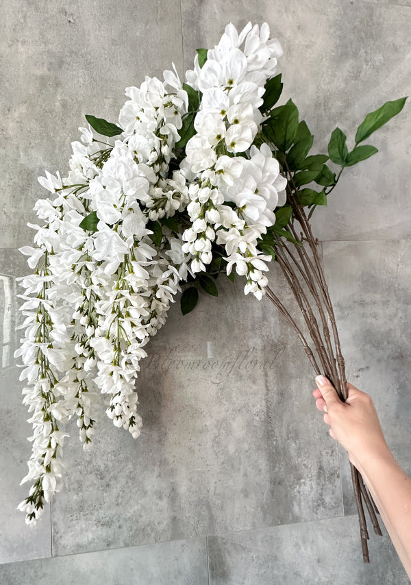 32” White Wisteria Bunch/Wedding/Home Decoration | Gifts Decor Floral Silk Flowers, Artificial Spray for Home Office Long Stems W-001