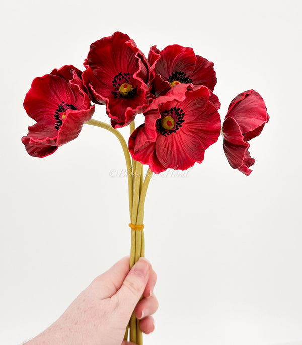 5 Stem Red Poppy Bunch | 12&quot; Tall Luxury Real Touch Quality Artificial Flower | Wedding/Home Decoration | Gifts Decor | Floral Faux Floral